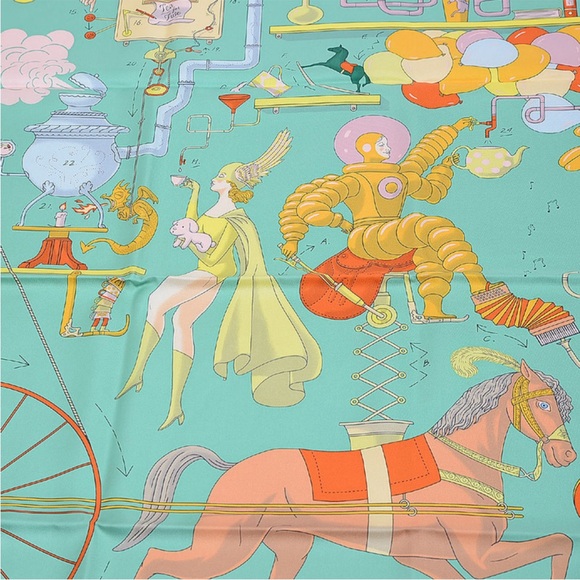 NWT HERMES Carre 90 scarf 100% Silk “Tea for Two” veil jade/white/jaune - Picture 2 of 6